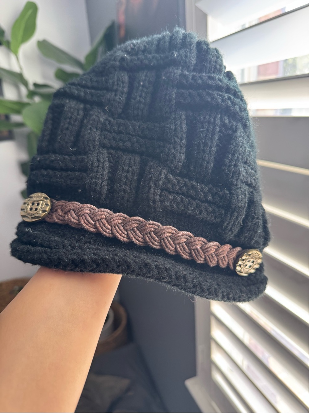 Y2k Woven Knit Black Beanie with Brown Braided Band